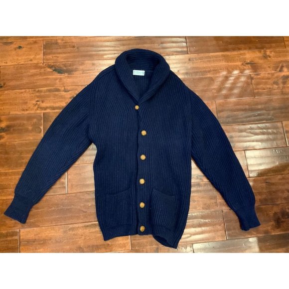 The Scotch House Mens Blue Wool Rib Knit Long Sleeve Cardigan Sweater, Size L - Picture 1 of 5